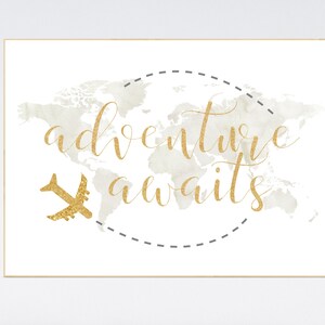 Watercolor world map, gold nursery, adventure awaits, beige, travel theme nursery, world map poster, world map poster, world map print kids