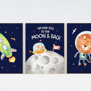 Weltraum Kinderzimmer Dekor: Rakete, Mond, Löwe Tier Drucke