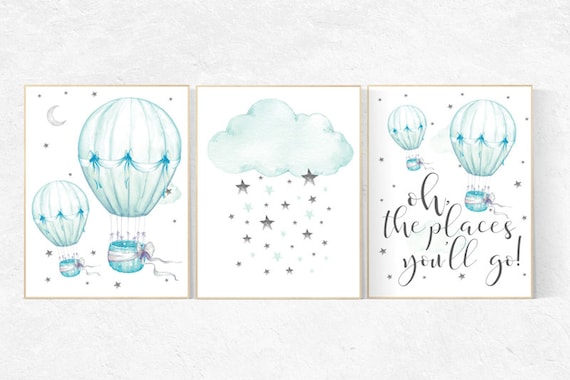 Mint nursery decor, hot air balloon, gender neutral nursery, oh the places you'll go, mint green nursery wall art, cloud and stars nursery