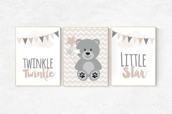 Bear nursery decor, Twinkle twinkle little star, gender neutral nursery, beige and cream Nursery Decor Gray Beige gender neutral baby shower