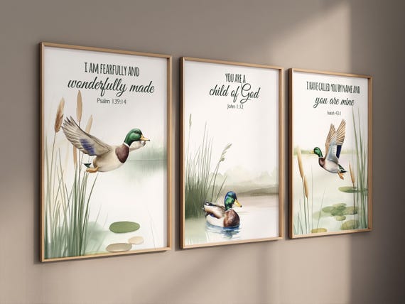 Duck Wall Art Set of 3 – Bible Verse Prints with Mallard Ducks – Christian Nature Nursery or Rustic Cabin Decor, kids room decor, baby room
