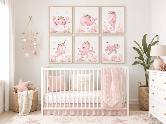 Pink Ocean Nursery Wall Art Set of 6, Coastal Baby Girl Room Decor