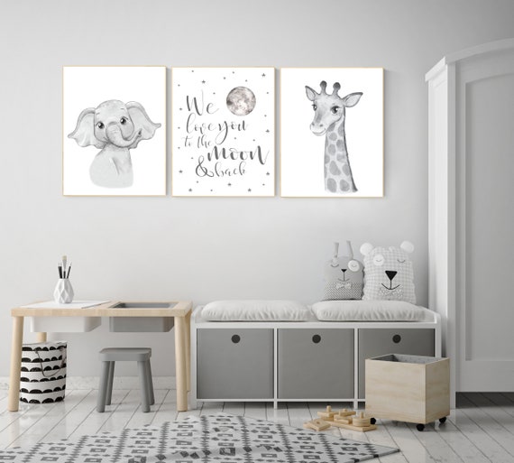 Nursery wall art animals, grey nursery, gender neutral nursery, neutral nursery, baby room decor, elephant, giraffe, gray nursery, quote