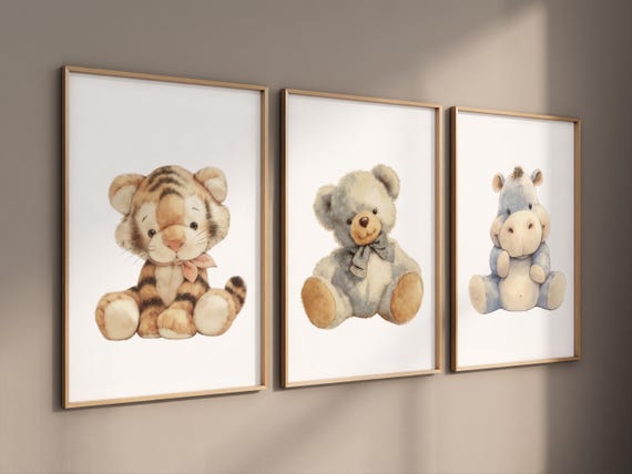 Plush Animal Nursery Wall Art – Tiger, Teddy Bear & Hippo Prints, Cute Stuffed Animal Decor, Soft Pastel Baby Room Watercolor Art
