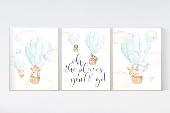 Nursery decor animals, nursery wall art mint green, Hot air balloon nursery, elephant, giraffe, bear, bunny, woodland animals, aqua, mint