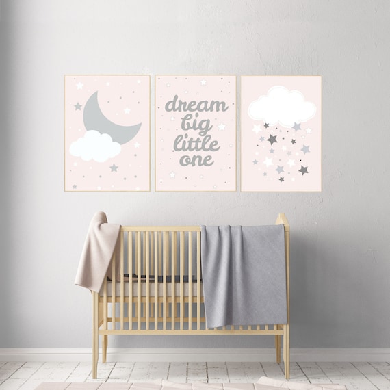 Blush nursery decor, dream big little one, moon, cloud, stars, pale pink, girl nursery wall art, girl nursery room ideas, set of 3 prints