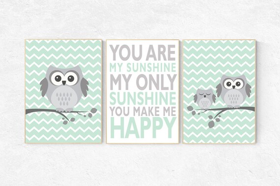 Owl nursery wall art, mint nursery decor, you are my sunshine wall art, mint gray, owl room decor, owl nursery, gender neutral nursery decor