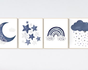 Navy Nursery Prints: Moon, Stars, Rainbow, Cloud (Print Only)