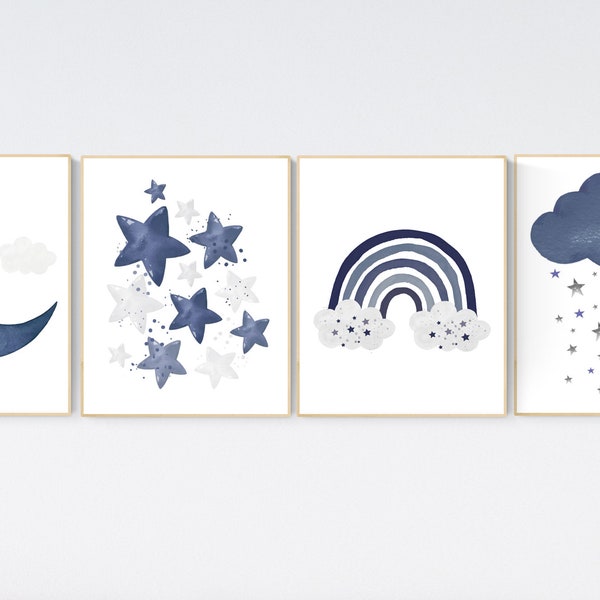 Navy Nursery Prints: Moon, Stars, Rainbow, Cloud (Print Only)