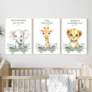 Christian Safari Nursery Wall Art Set – Elephant, Giraffe, Lion with Bible Verses, Greenery Animal Prints for Baby Boy Room Decor, Set of 3