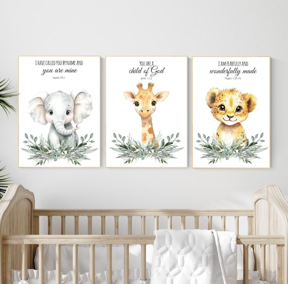Christian Safari Nursery Wall Art Set – Elephant, Giraffe, Lion with Bible Verses, Greenery Animal Prints for Baby Boy Room Decor, Set of 3