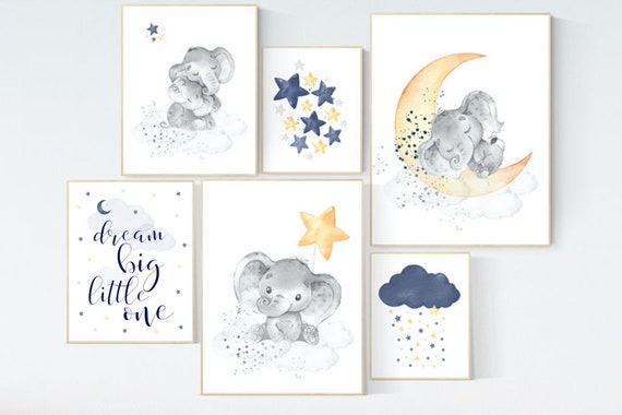 Nursery decor boy elephant, navy yellow gray, nursery wall art boy, navy Blue, moon and stars, navy nursery, boy nursery, navy yellow grey