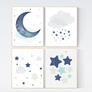 Baby boy nursery decor, navy teal gray nursery, boys room wall art, baby room prints, moon and star nursery