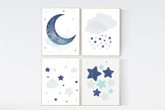 Baby boy nursery decor, navy teal gray nursery, boys room wall art, baby room prints, moon and star nursery