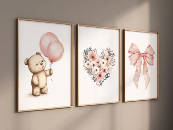Blush teddy bear wall art, floral heart nursery prints, pink bow nursery decor, baby girl wall art, nursery balloon bear print set