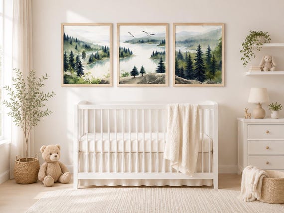 Forest Nursery Wall Art Set of 3, Woodland Landscape Prints, Green Nursery
