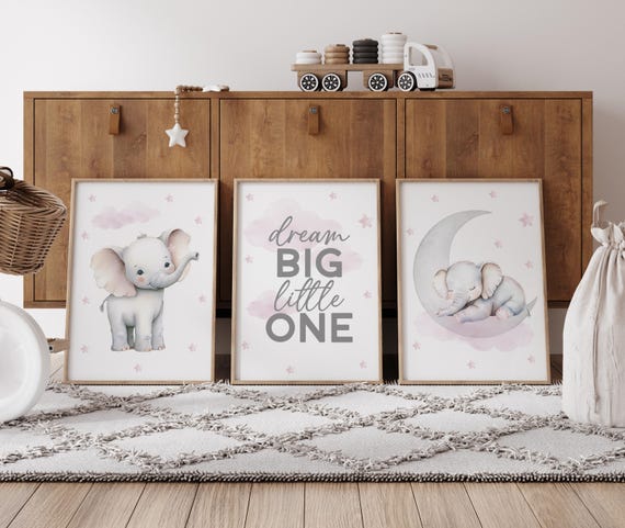 Pink Elephant Nursery Prints Set of 3, Dream Big Little One Quote, Girls Room Wall Art, Baby Girl Nursery Decor, Elephant on Moon Art