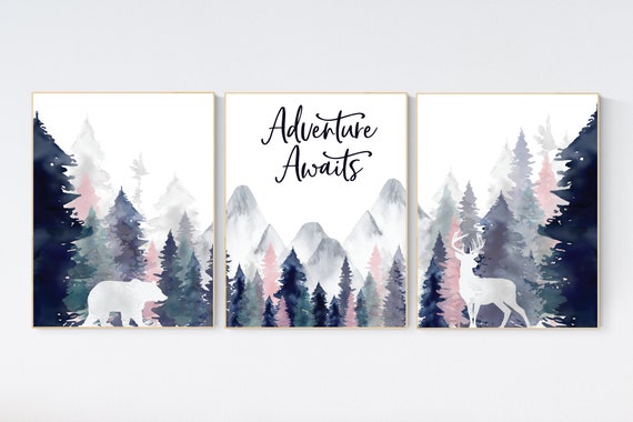 Nursery decor woodland, mountain wall art, tree nursery decor, adventure theme nursery, forest, navy and blush, woodland animals, navy blush