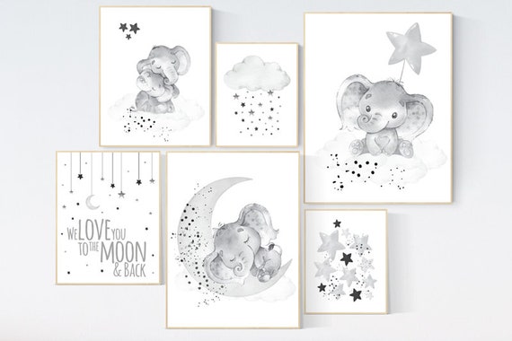 Nursery wall art black and white, gray, grey nursery, gender neutral, cloud and stars, we love you to the moon and back, elephant nursery