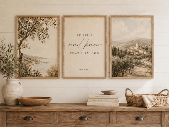Christian Wall Art Set, Psalm 46:10 Vintage Landscape Prints, Neutral Farmhouse Decor