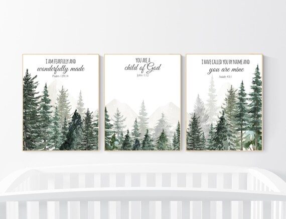 Nursery decor mountain, nursery wall art, tree nursery decor, adventure theme nursery, forest, sage green, bible nursery, verse nursery