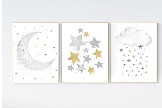 Nursery wall art gold, gold gray nursery, nursery decor neutral, moon and stars, baby room, gold silver nursery, moon and stars