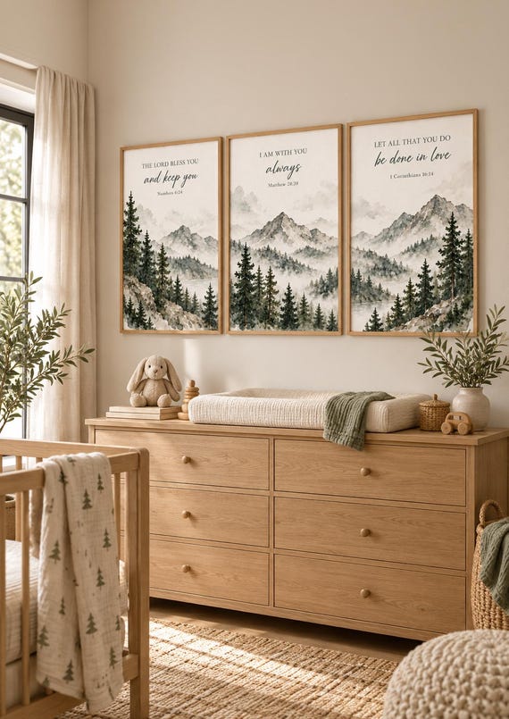 Mountain Nursery Art Print: Sage Green Forest, Bible Verse Decor