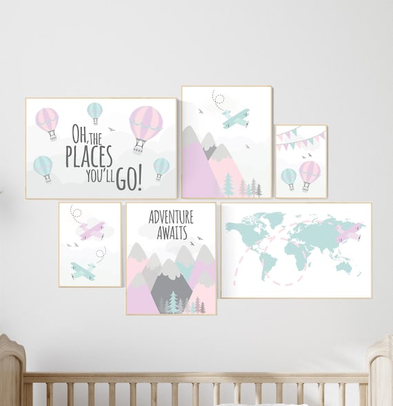Girls room decor purple and turquoise, adventure awaits nursery art, adventure theme nursery, lavender mint, lilac mint hot air balloon