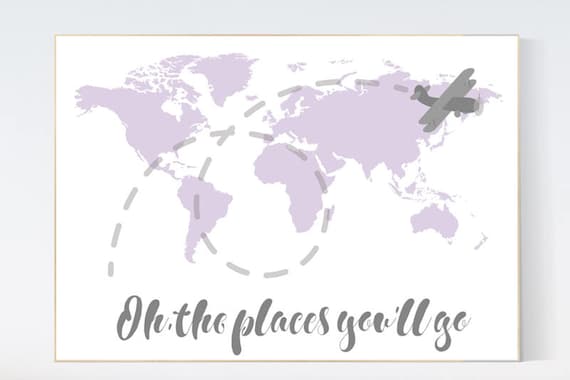 Nursery decor map, Lilac nursery decor, Oh the places you'll go, travel nursery decor, world map nursery, purple nursery decor, baby girl