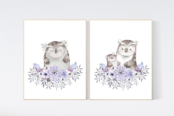 Owl nursery decor, purple nursery, owl decor for nursery, boho decor for nursery, woodland animals, boho nursery, baby room wall art, owl