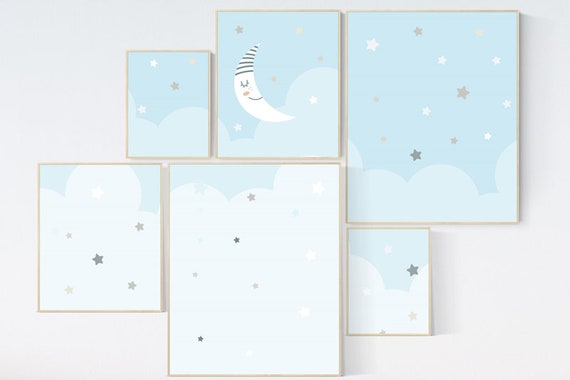 Nursery prints boy, nursery decor boy sky, sky nursery, baby room wall art boy, moon nursery art, moon and stars decor, baby blue room art