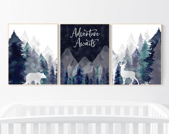 Woodland Nursery Decor: Navy Teal Mountain Animals Print