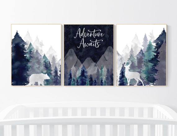 Nursery decor boy mountain, woodland nursery, tree nursery wall decor, adventure theme nursery, forest, navy and teal, woodland animals