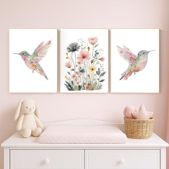 Hummingbird Wall Art Print Set – Watercolor Floral Nursery Decor – Pink Bird & Wildflowers Trio – Pastel Botanical Baby Girl Posters