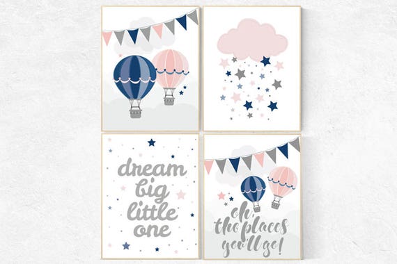 Pink navy nursery, gender neutral, dream big little one, coral navy, nursery decor girls, baby room decor, twin nursery wall art