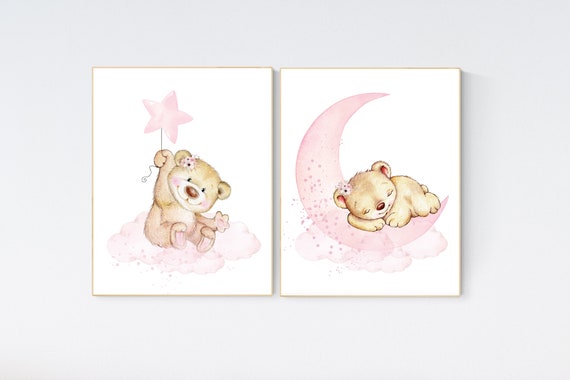 Pink girl room print, Nursery wall art bear, girl nursery decor animals, baby girl room, teddy bear, nursery art, girl room decor