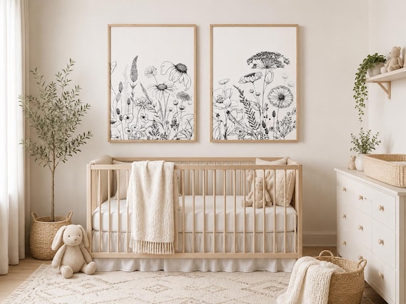 Botanical Line Art Print, Wildflower Boho Nursery Decor, Floral Wall Art