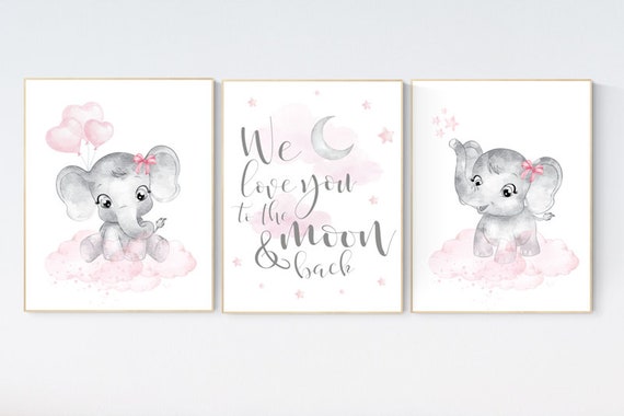 Nursery wall art girl elephant, pink and gray nursery, we love you to the moon and back, pink nursery art, moon and stars, baby room decor