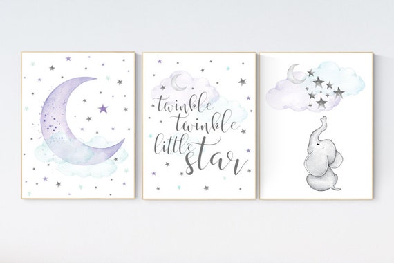 Nursery decor girl purple, Nursery decor girl elephant, twinkle twinkle little star, moon and stars, purple mint, girl nursery wall art