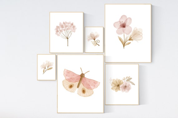 Boho Butterfly Floral Set, Butterfly Nursery Wall Art, Neutral colors, blush nursery, Nursery decor boho, nursery decor girl boho