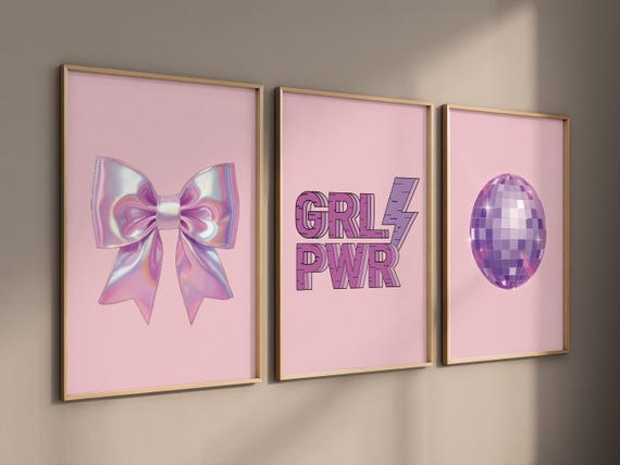 Teen girl room, girl power, Bow print wall art, disco ball print, purple prints, Bow wall art, girl room decor, teenager room, girl bedroom