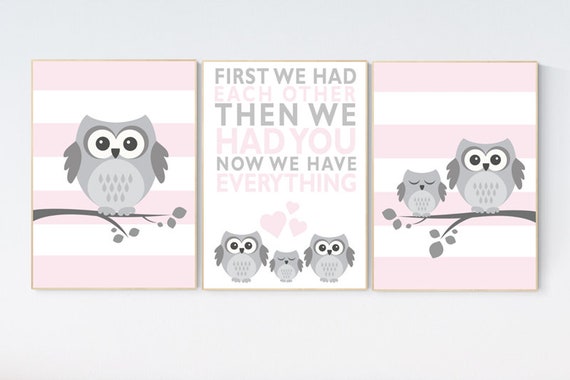 Pink and gray nursery, First we had each other then we had you, Owl nursery, pink nursery decor, pink gray, owl nursery decor girls,