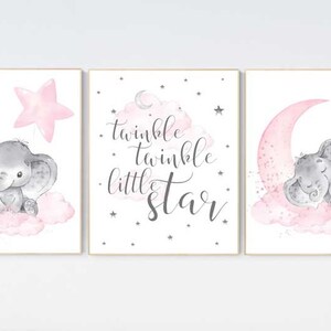 Elephant nursery, nursery wall art elephant, nursery decor girl, twinkle twinkle little star, baby room, girl nursery decor, moon and stars