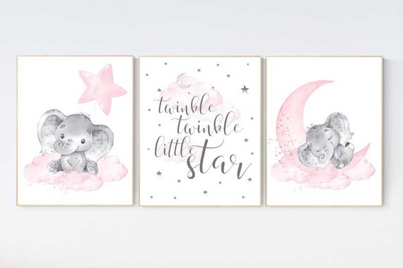 Elephant nursery, nursery wall art elephant, nursery decor girl, twinkle twinkle little star, baby room, girl nursery decor, moon and stars