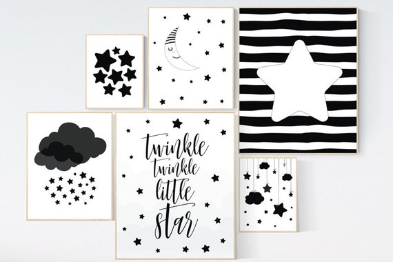 Black and white nursery decor, baby room decor gender neutral, Nursery wall art black and white, cloud and stars, black white nursery art