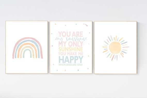 Neutral rainbow wall art, You Are My Sunshine Print, Neutral Nursery Decor, Rainbow Nursery Decor, Kids Room Decor, gender neutral