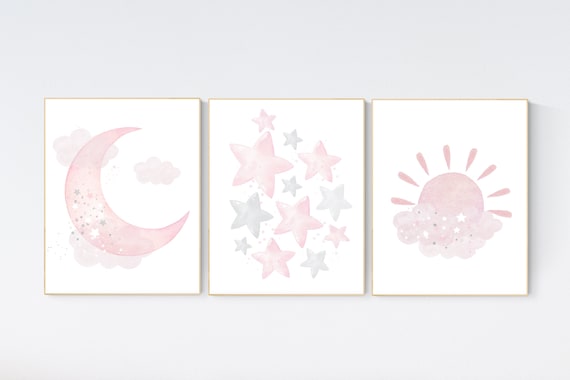 Nursery wall art girl, moon, sunshine, stars, Nursery decor girl, nursery wall art, pink nursery, nursery wall art, pink, girl nursery ideas