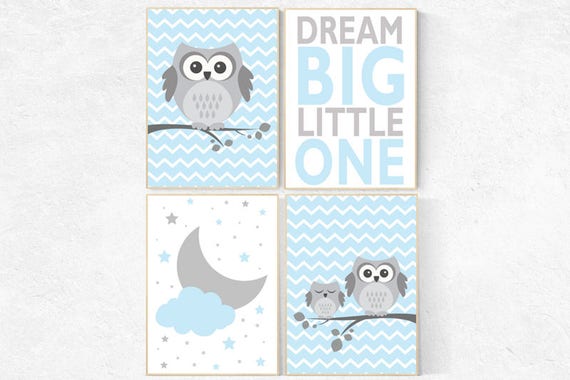 Nursery decor boys, moon print, dream big little one, owl nursery wall art, blue gray nursery, boys room wall art, baby boy nursery ideas