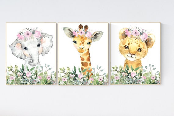 Jungle Animals, Safari Animal Nursery Prints, safari animals, safari nursery, Greenery, flower nursery, animal prints, girl nursery decor