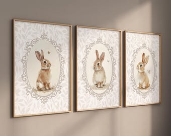 Bunny Nursery Print Set: Vintage Rabbit Art, Beige Decor